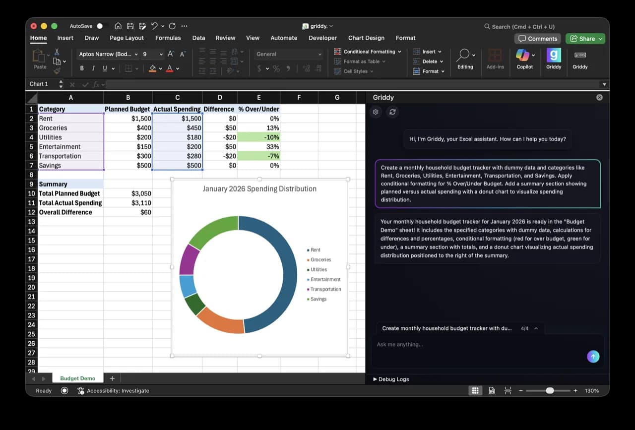 Excel workbook with a household budget, formulas, conditional formatting, a doughnut chart, and the Griddy sidebar